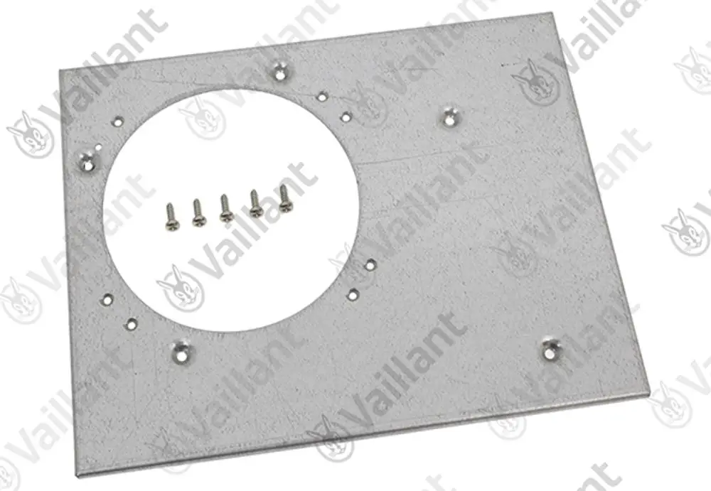 Metallplatte von Vaillant mit runder Aussparung und mehreren Befestigungslöchern, dazu fünf Schrauben.